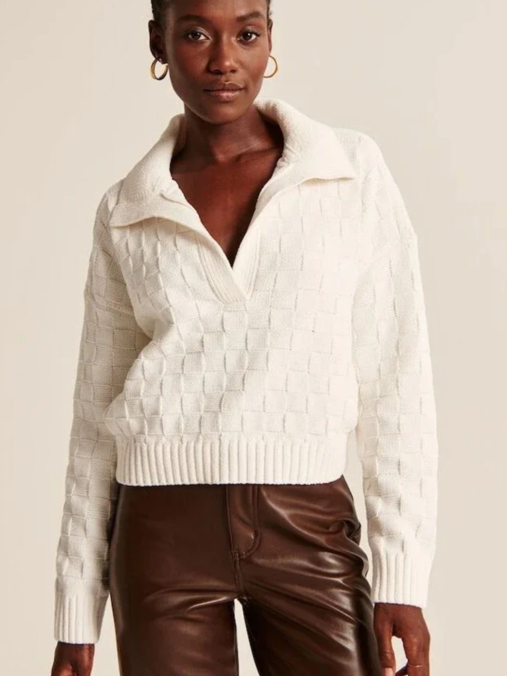 Abercrombie & Fitch Checkerboard Stitch Notch-Neck Sweater Women’s S White
